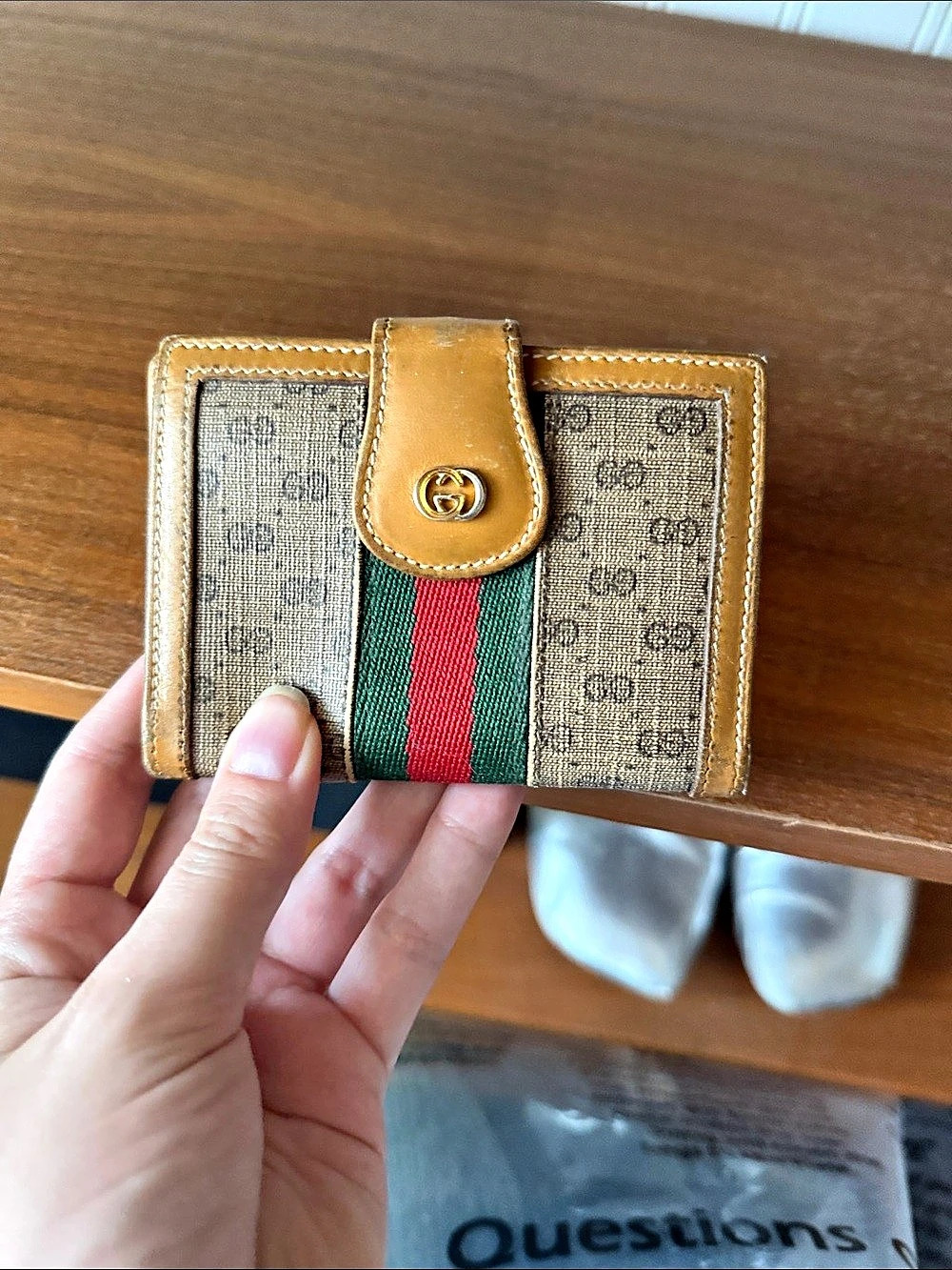 Gucci Web Stripe Wallet in Brown & Green